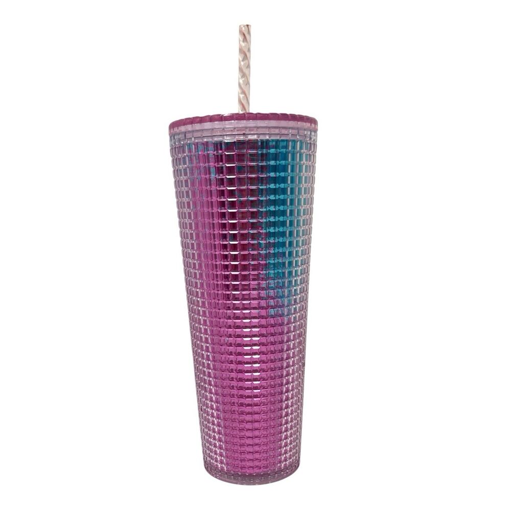 Starbucks Tumbler 24oz Pink Blue Ombre Grid Cold Cup Straw Reusable 2021 New - Picture 5 of 8
